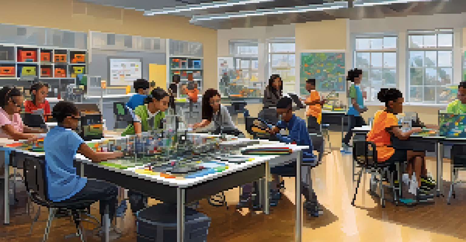 Students in a classroom engaged in a hands-on STEM workshop with robotics and coding.