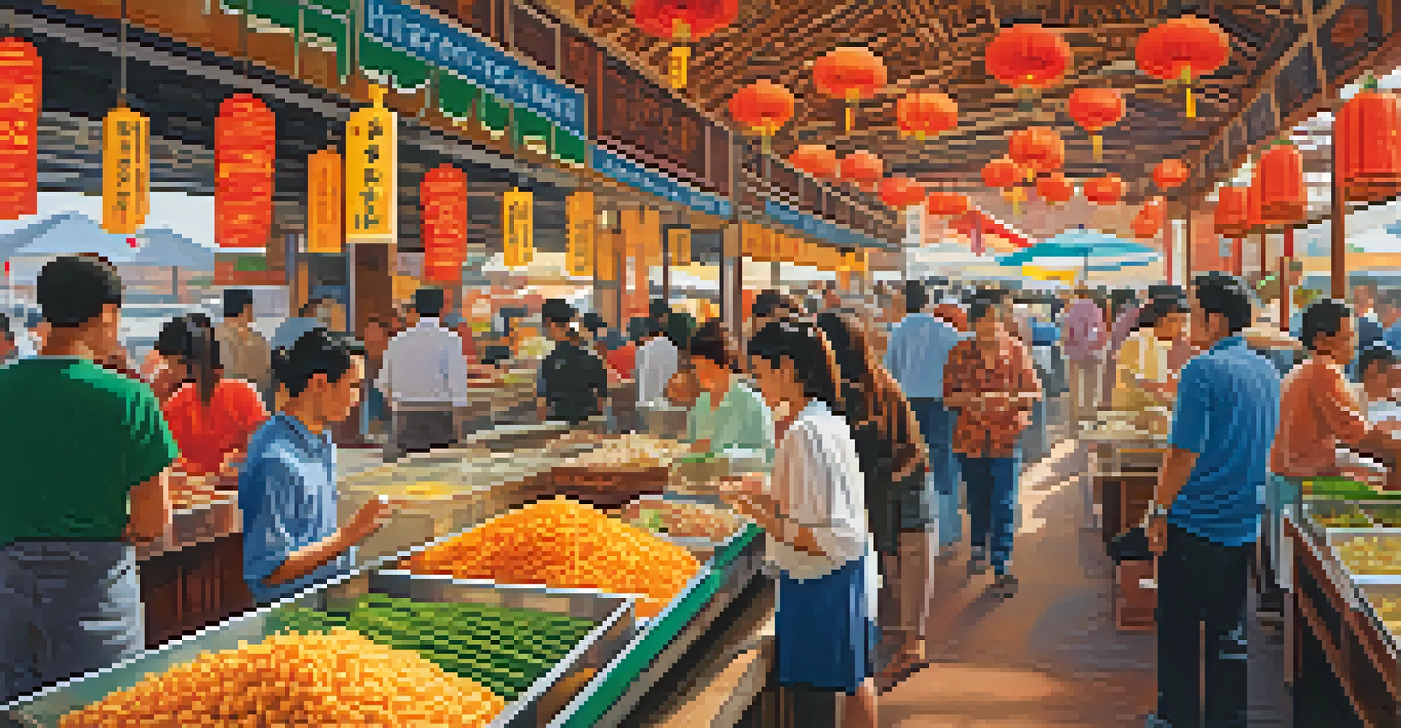 A busy Asian food market in Houston with various food stalls and people sampling dishes in a warm, inviting light.