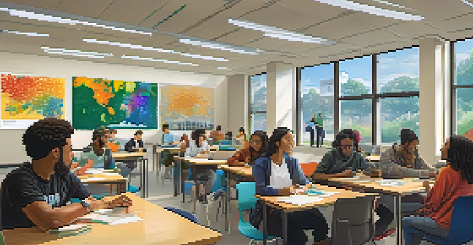 A diverse group of students working collaboratively in a bright university classroom, surrounded by educational materials and technology.