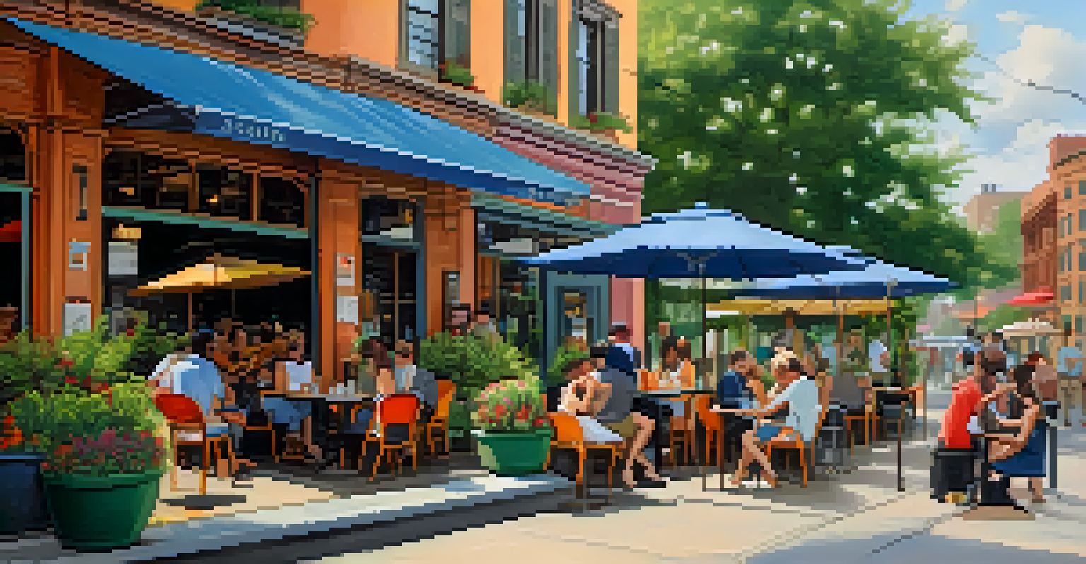 A lively outdoor coffee shop patio with people enjoying drinks and a musician playing guitar, surrounded by colorful umbrellas and potted plants.