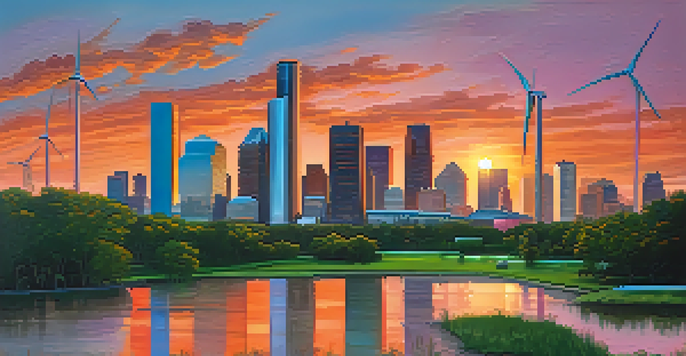 A panoramic view of Houston's skyline during sunset with solar panels and wind turbines in the foreground.