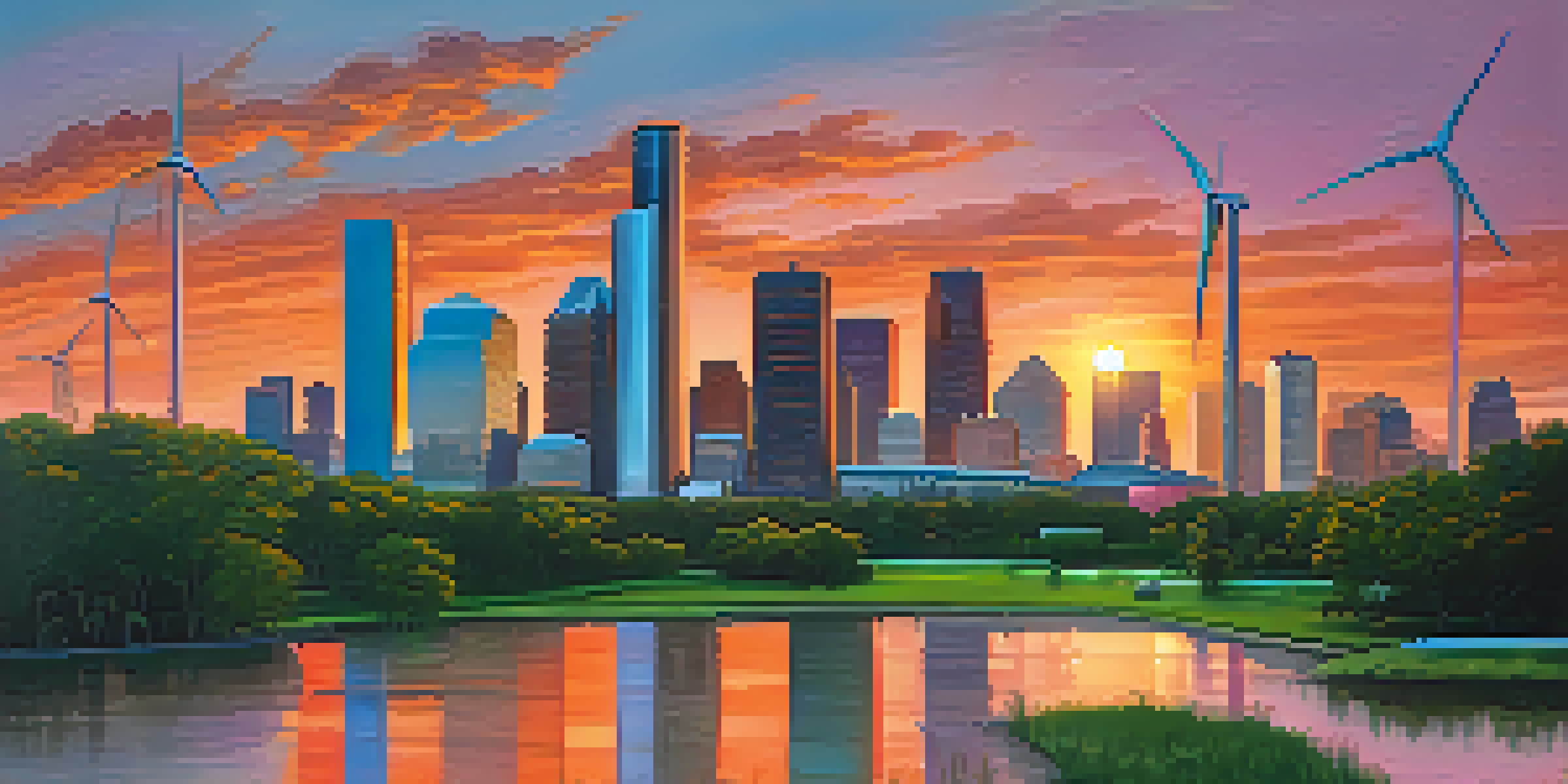 A panoramic view of Houston's skyline during sunset with solar panels and wind turbines in the foreground.