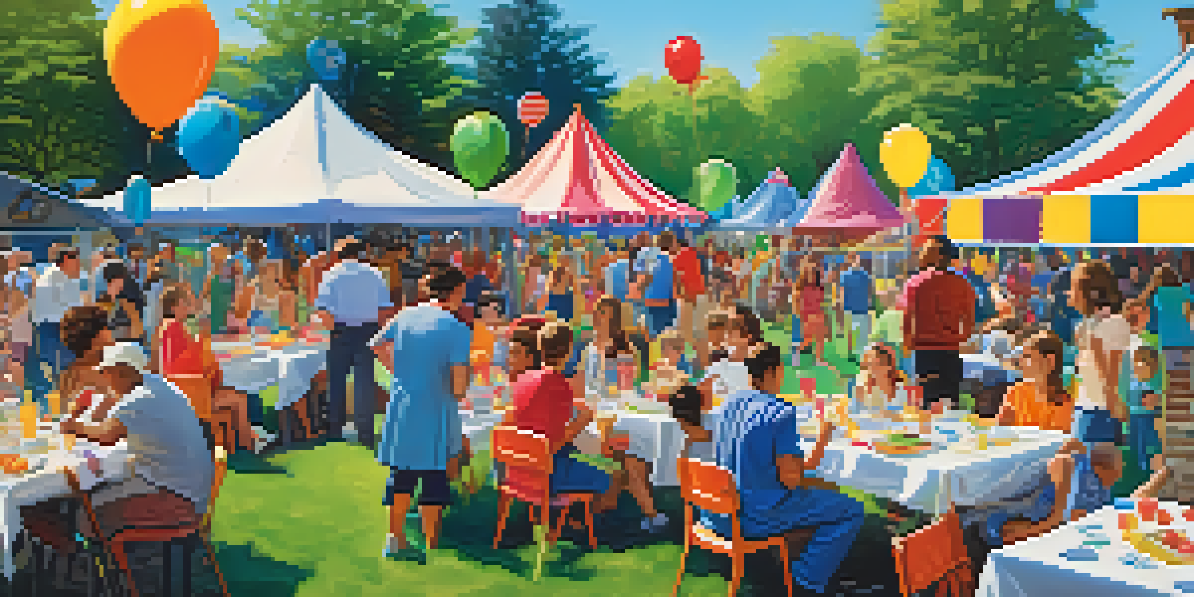 A lively neighborhood block party with families enjoying food and games in a park, colorful decorations, and bright blue skies.