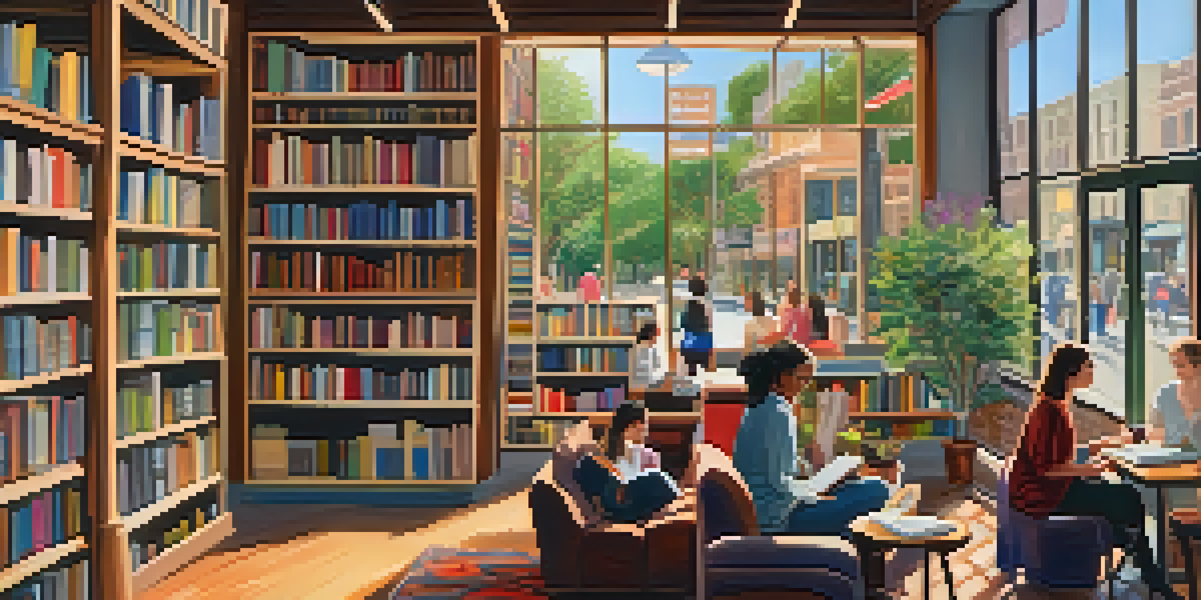 An inviting independent bookstore with colorful bookshelves, cozy reading areas, and diverse readers engaging in conversation.