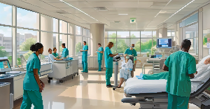 A busy hospital in Houston with healthcare workers using tablets, optimizing patient care with AI technology, and patients looking relieved.