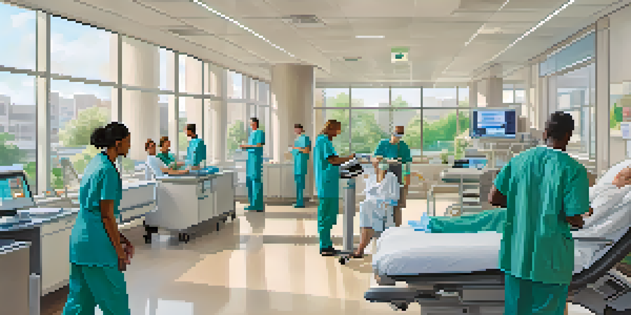 A busy hospital in Houston with healthcare workers using tablets, optimizing patient care with AI technology, and patients looking relieved.