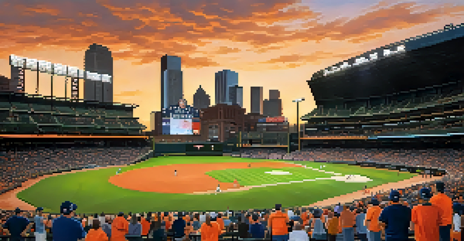 Families enjoying a baseball game at Minute Maid Park with the Houston skyline at sunset.