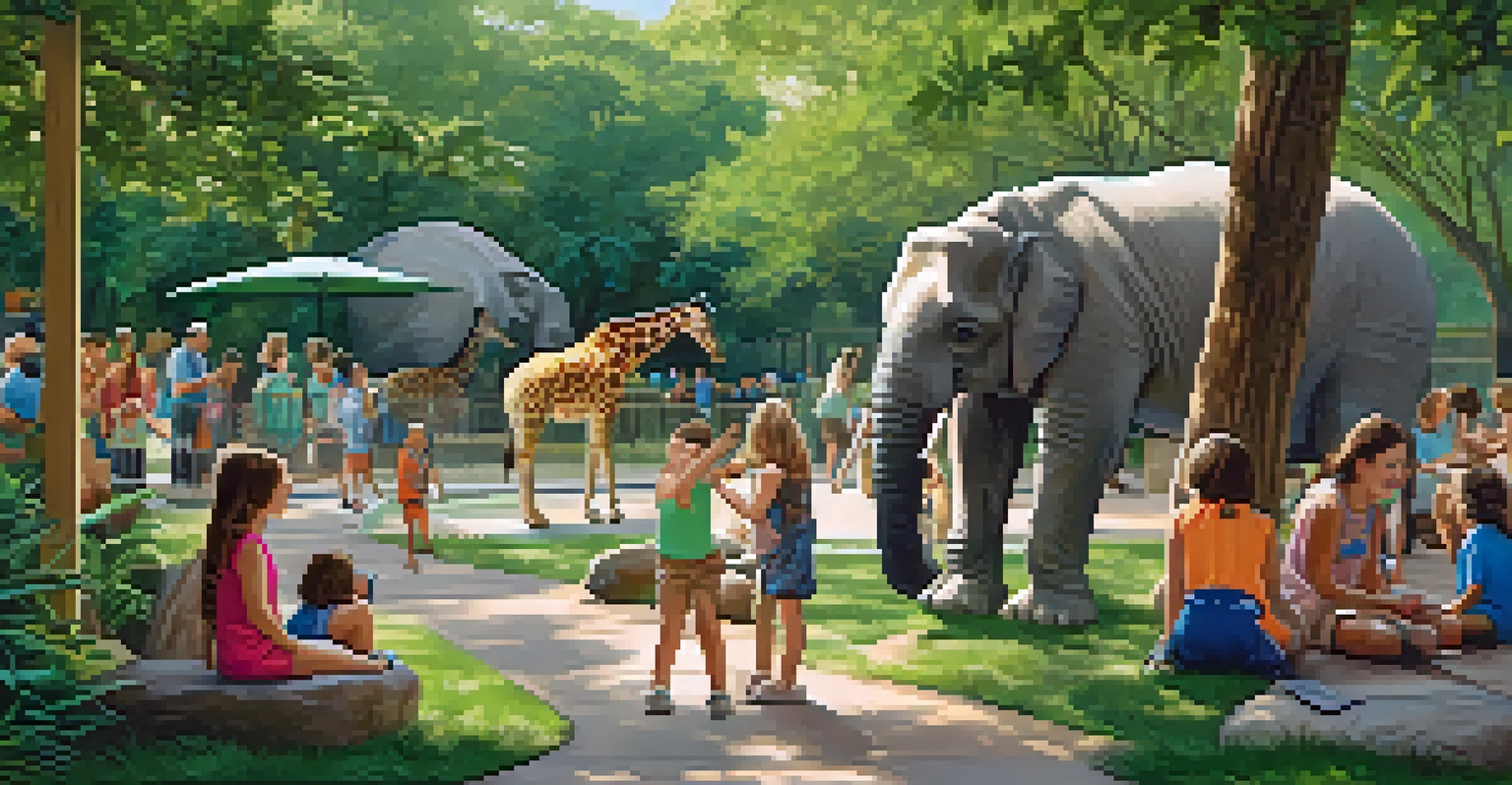 Families enjoying a day at the Houston Zoo, with children interacting with animals and having a picnic in a lush green setting.