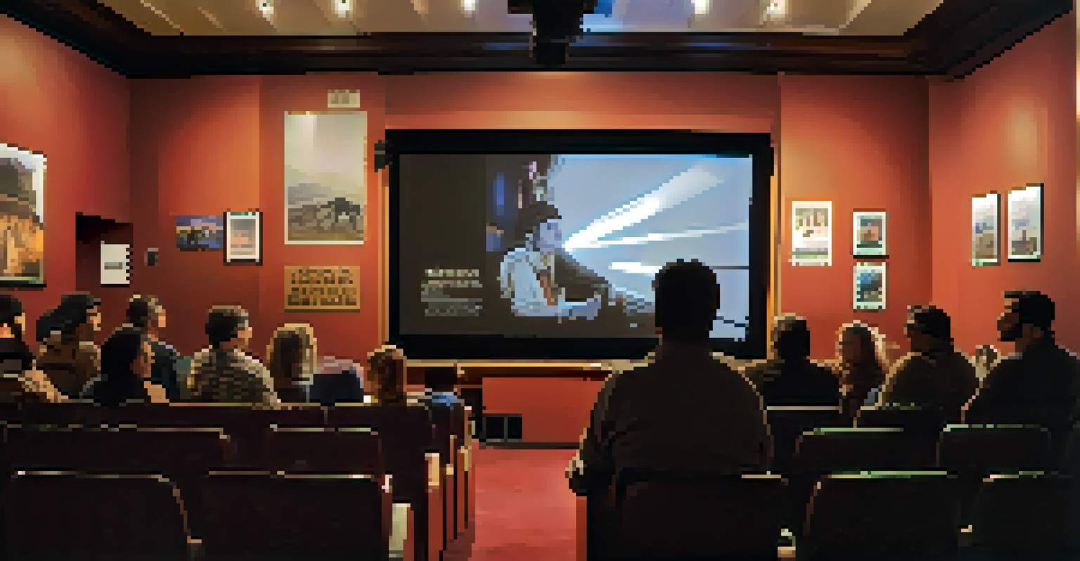 Audience at a film festival in a theater, engaged in a screening, with filmmakers on a panel in the foreground.