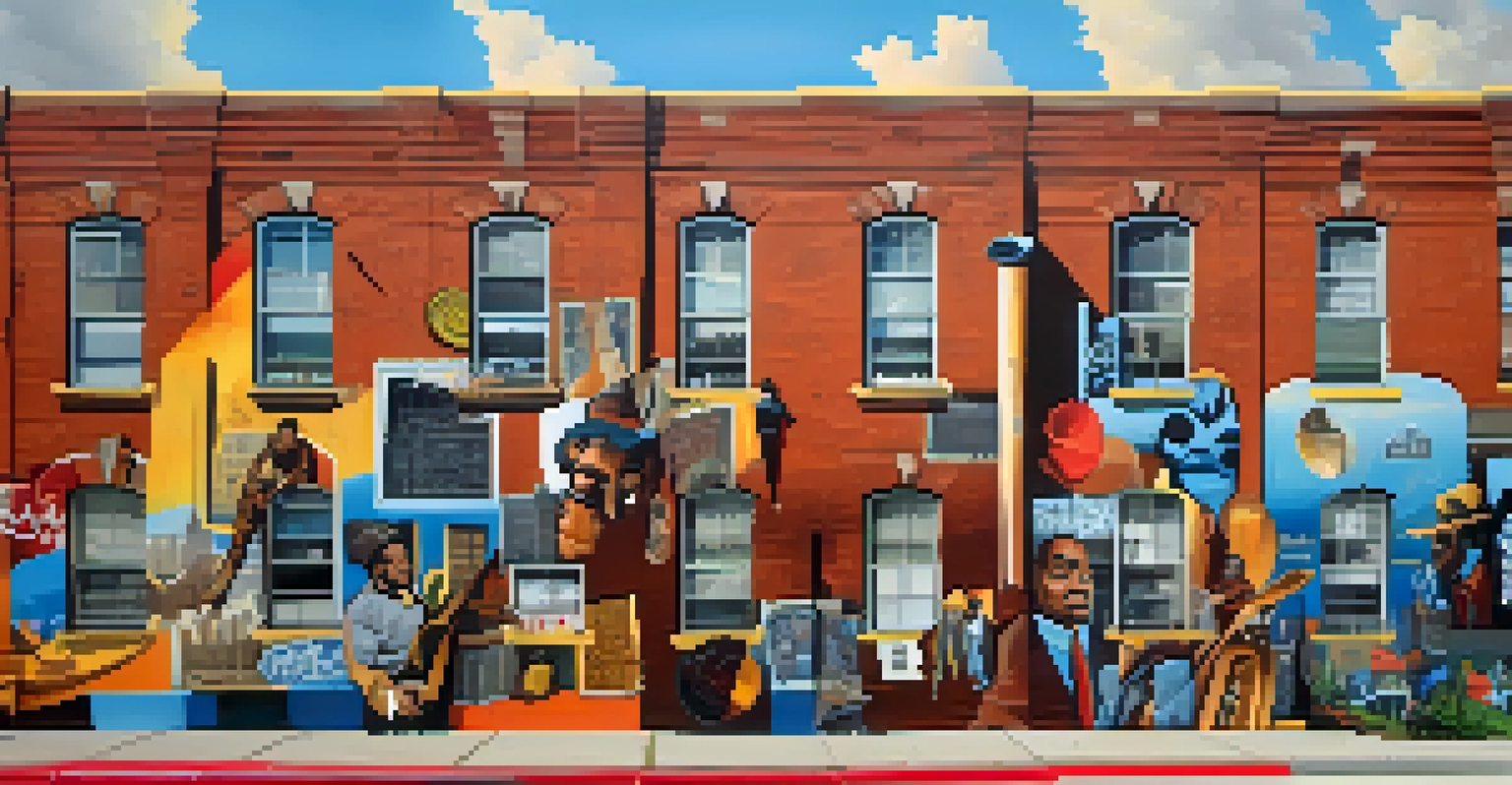 A colorful mural representing the fusion of music genres in Houston, featuring portraits of famous musicians and musical notes.