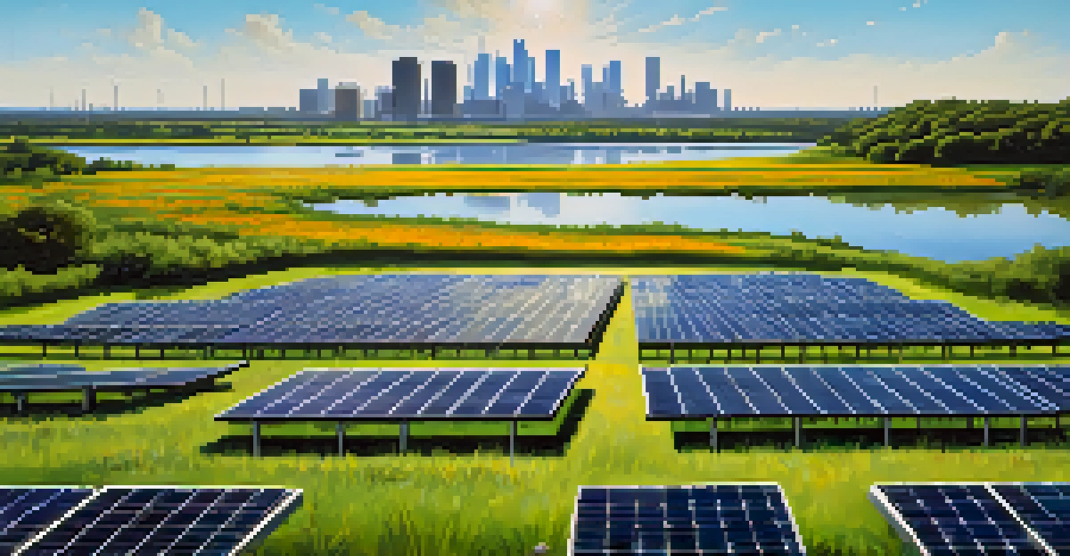 A close-up of a solar farm with solar panels, green grass, wildflowers, and a distant view of the Houston skyline against a clear blue sky.