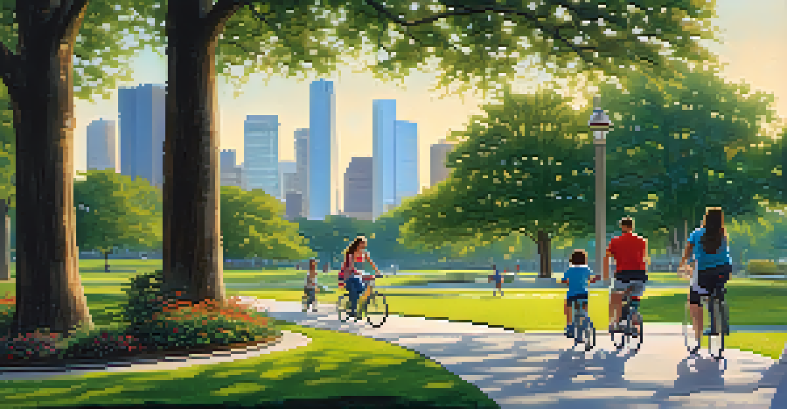 A peaceful park in Houston with families biking and the city skyline in the background.