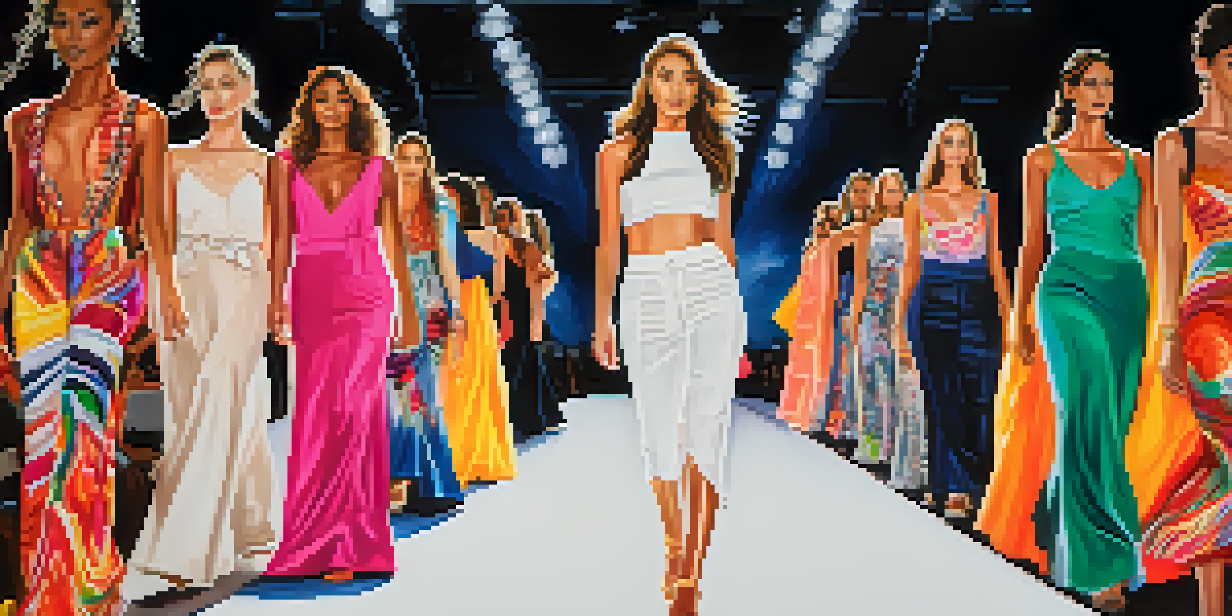 A lively fashion show in Houston with models on the runway and an engaged audience, highlighting a mix of traditional and contemporary fashion styles.