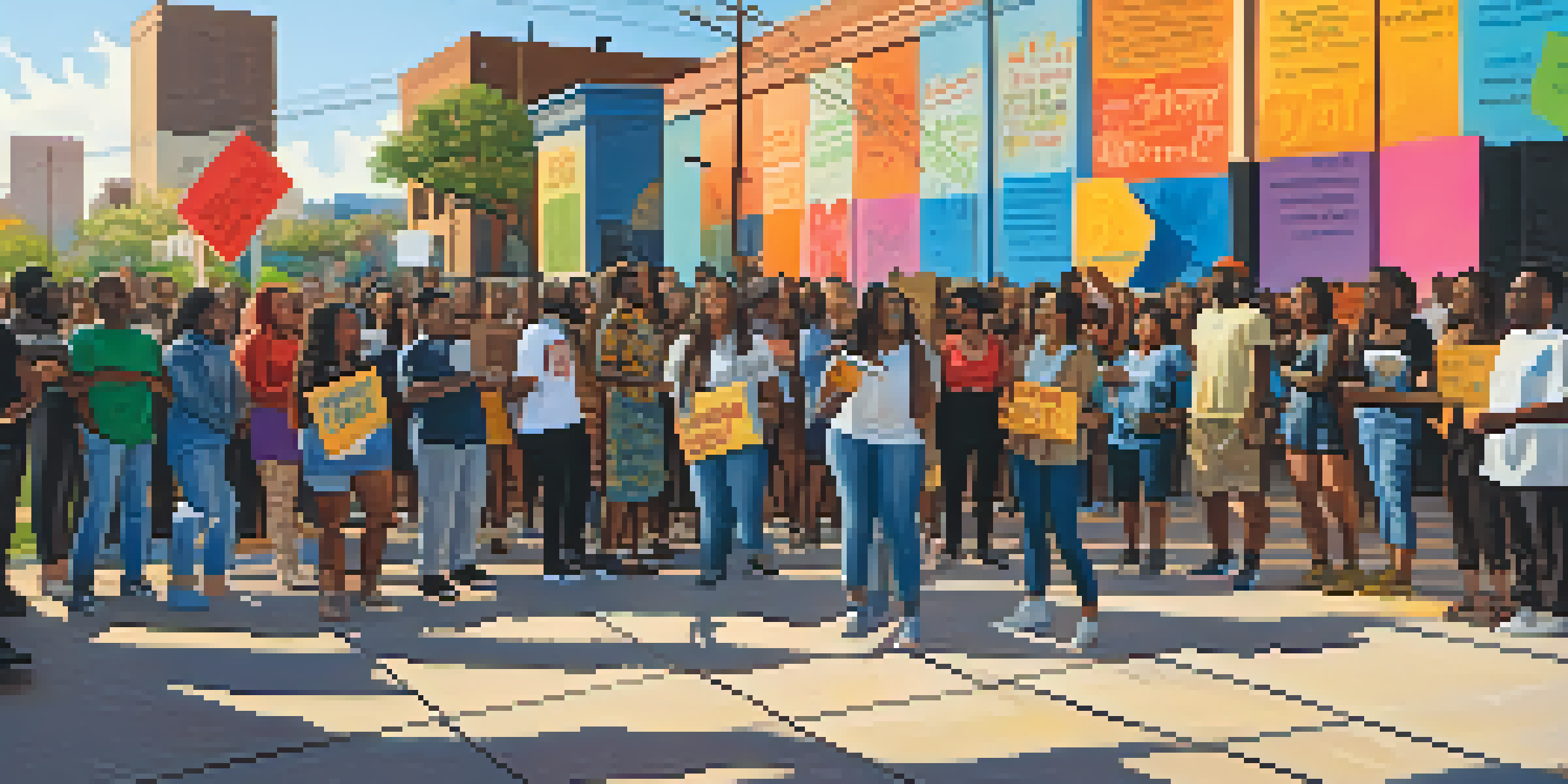 A diverse group of people in Houston holding signs for racial justice, with colorful murals in the background and warm sunlight illuminating the scene.