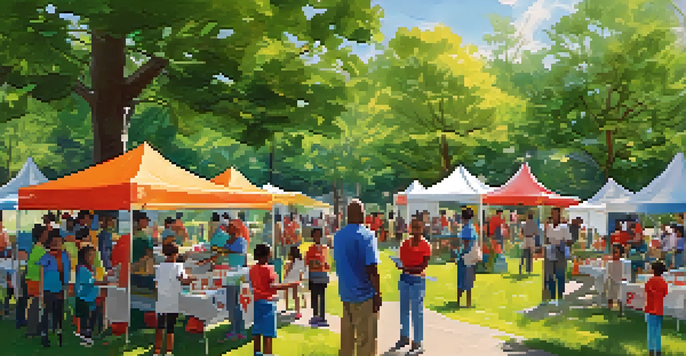 A community workshop in a park where families learn about disaster preparedness, with tents showcasing emergency supplies and volunteers teaching how to assemble an emergency kit.