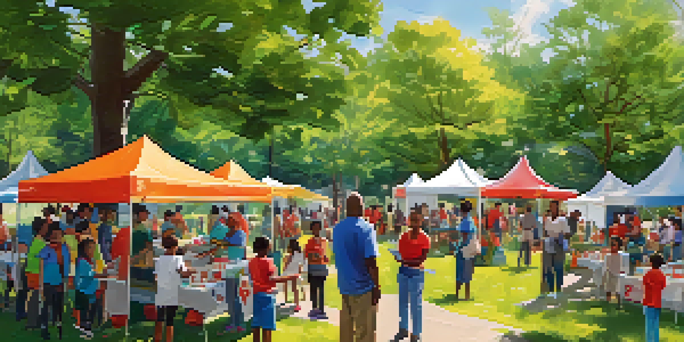 A community workshop in a park where families learn about disaster preparedness, with tents showcasing emergency supplies and volunteers teaching how to assemble an emergency kit.