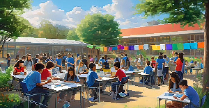 A diverse group of students participating in a STEM workshop outdoors, surrounded by educational tools and technology in a sunny environment.