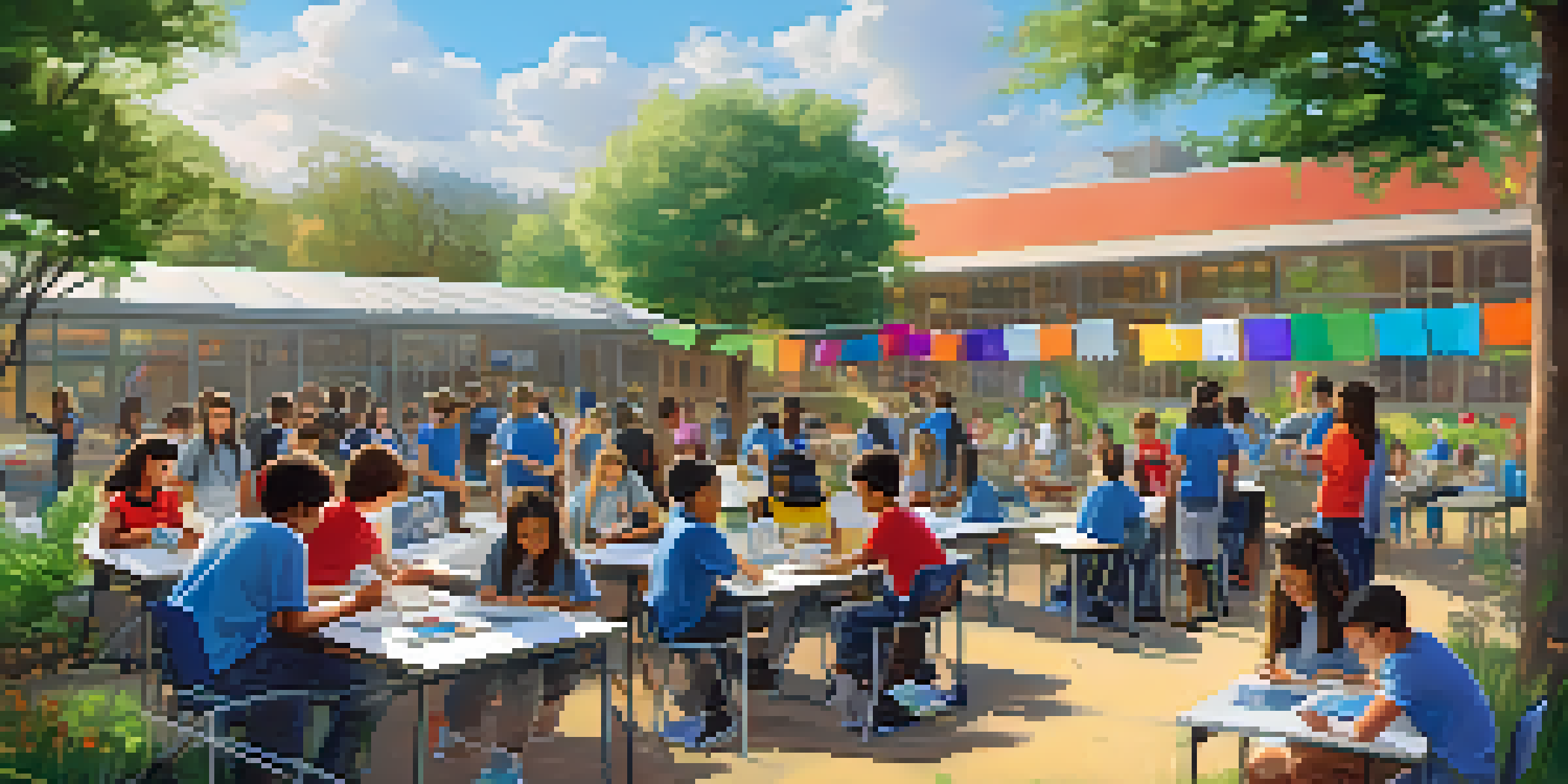 A diverse group of students participating in a STEM workshop outdoors, surrounded by educational tools and technology in a sunny environment.