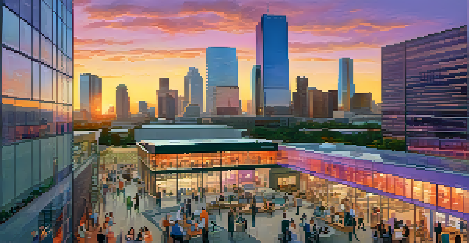 Aerial view of Houston's skyline at sunset, featuring co-working spaces in the foreground and small groups of people networking outside.