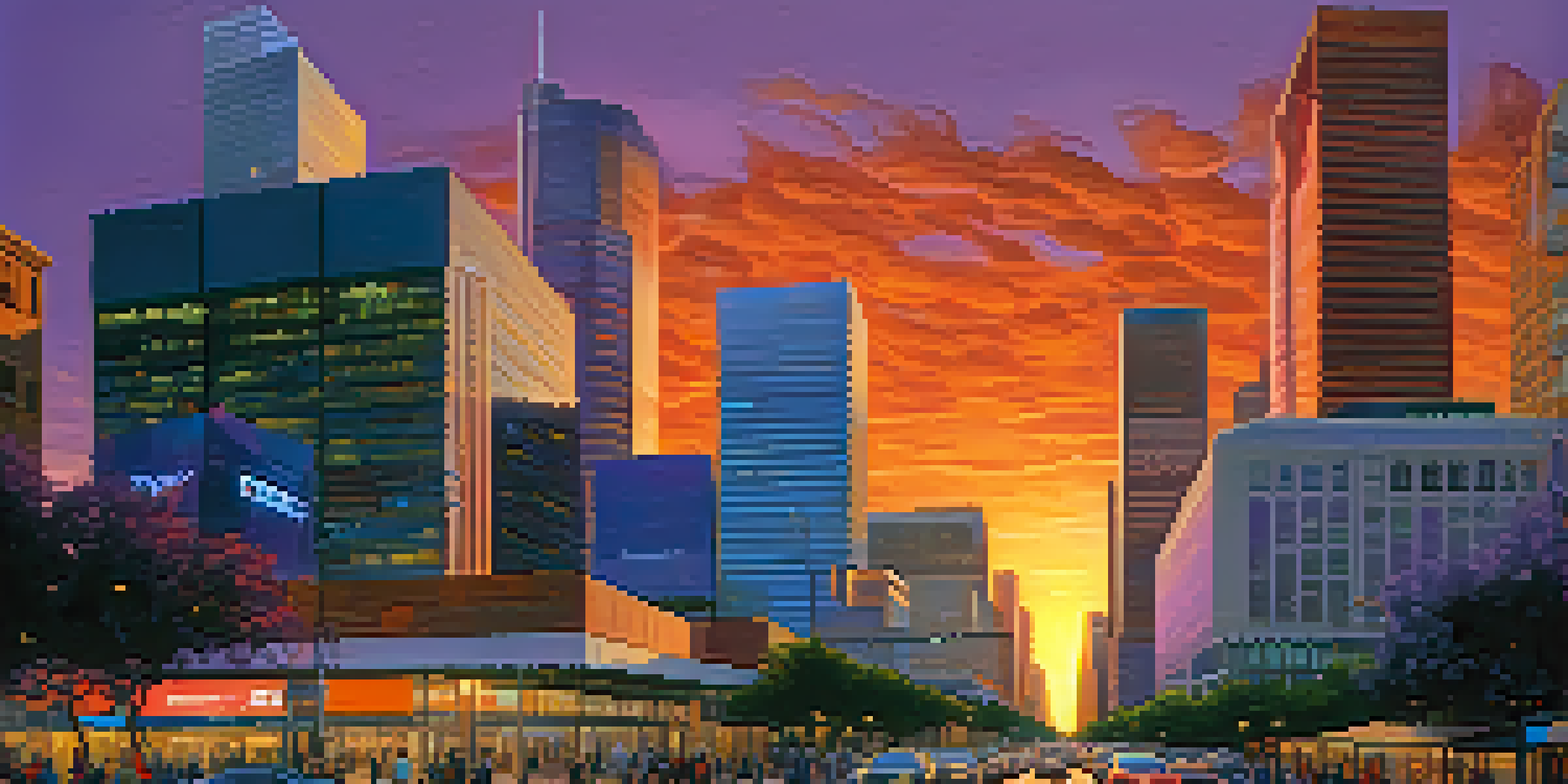 A vibrant Houston tech district at sunset, featuring modern skyscrapers and diverse professionals in an urban setting.