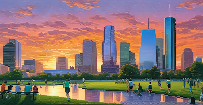 A colorful sunset view of Houston's skyline with diverse people enjoying a park in the foreground.