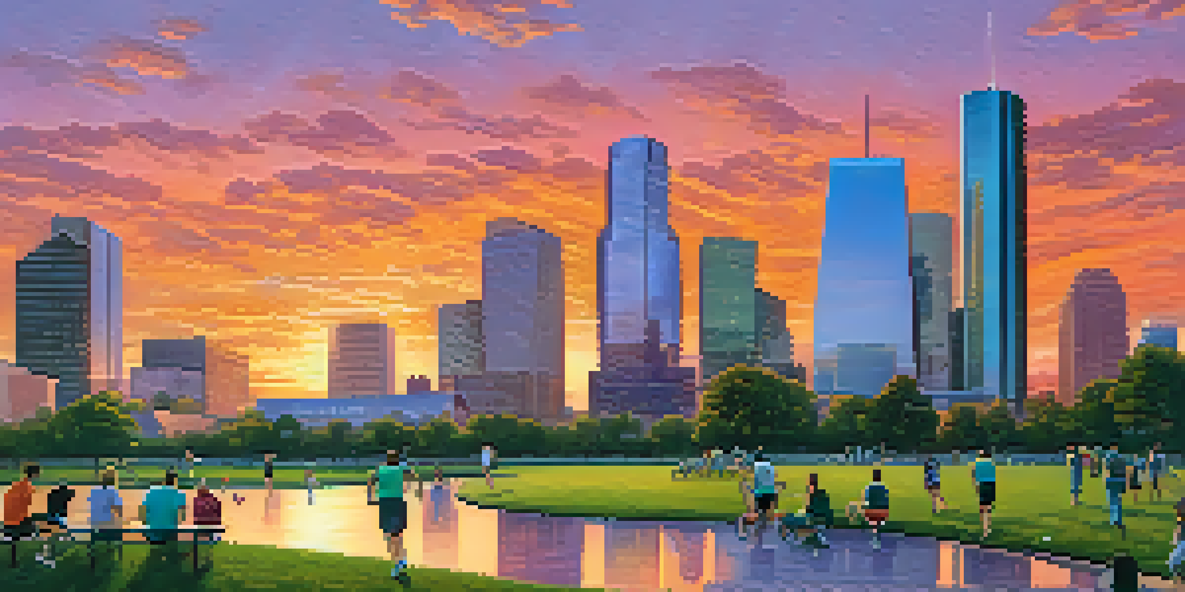 A colorful sunset view of Houston's skyline with diverse people enjoying a park in the foreground.
