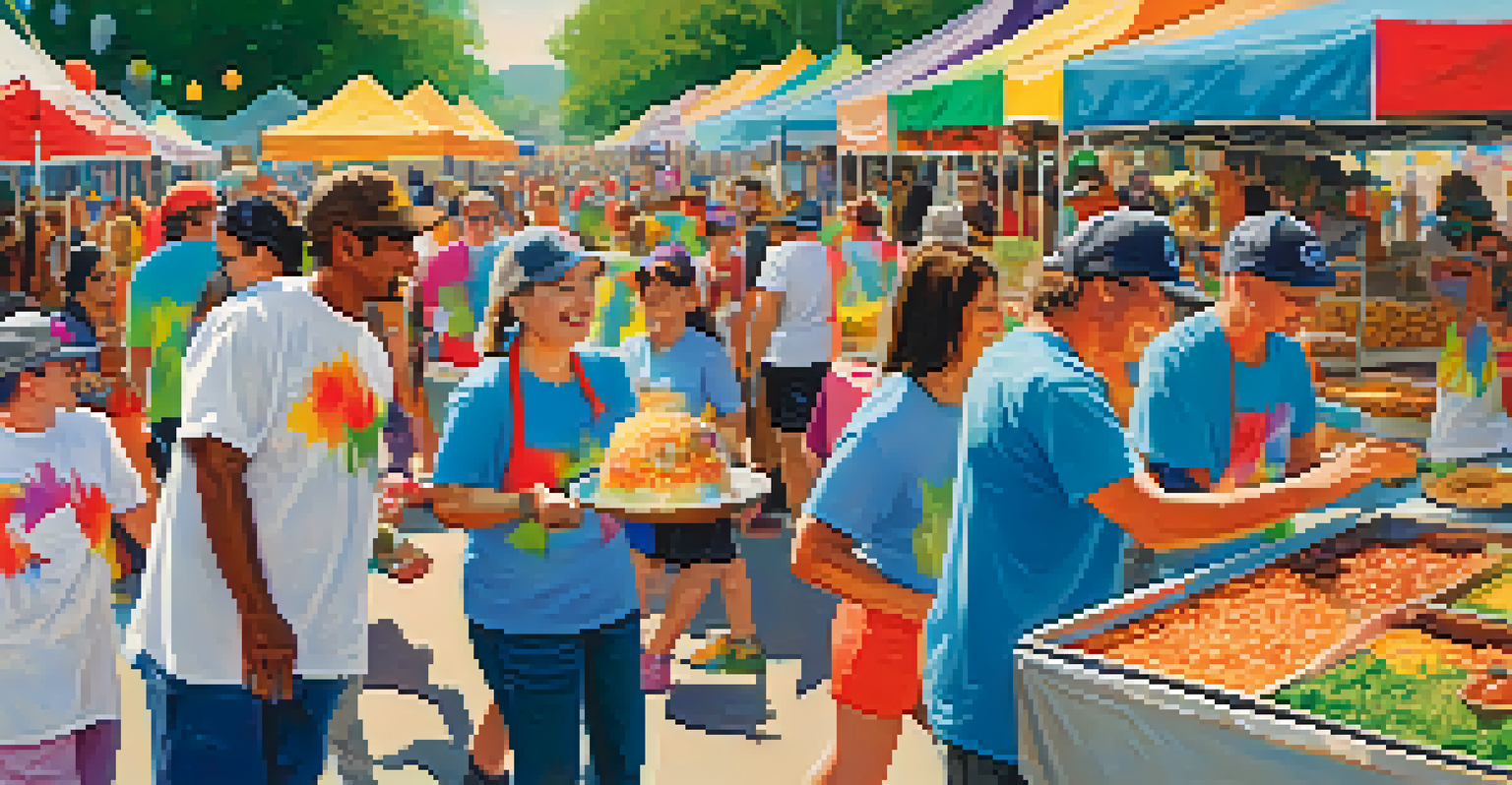 Volunteers assisting at a lively Houston festival with colorful decorations and food stalls.