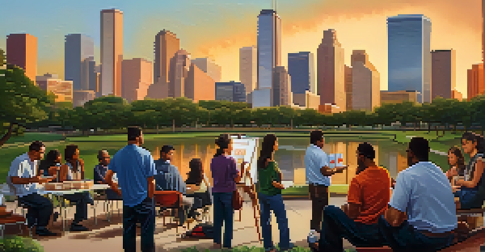 A vibrant Houston skyline at sunset with diverse residents participating in a community disaster preparedness workshop in a park.