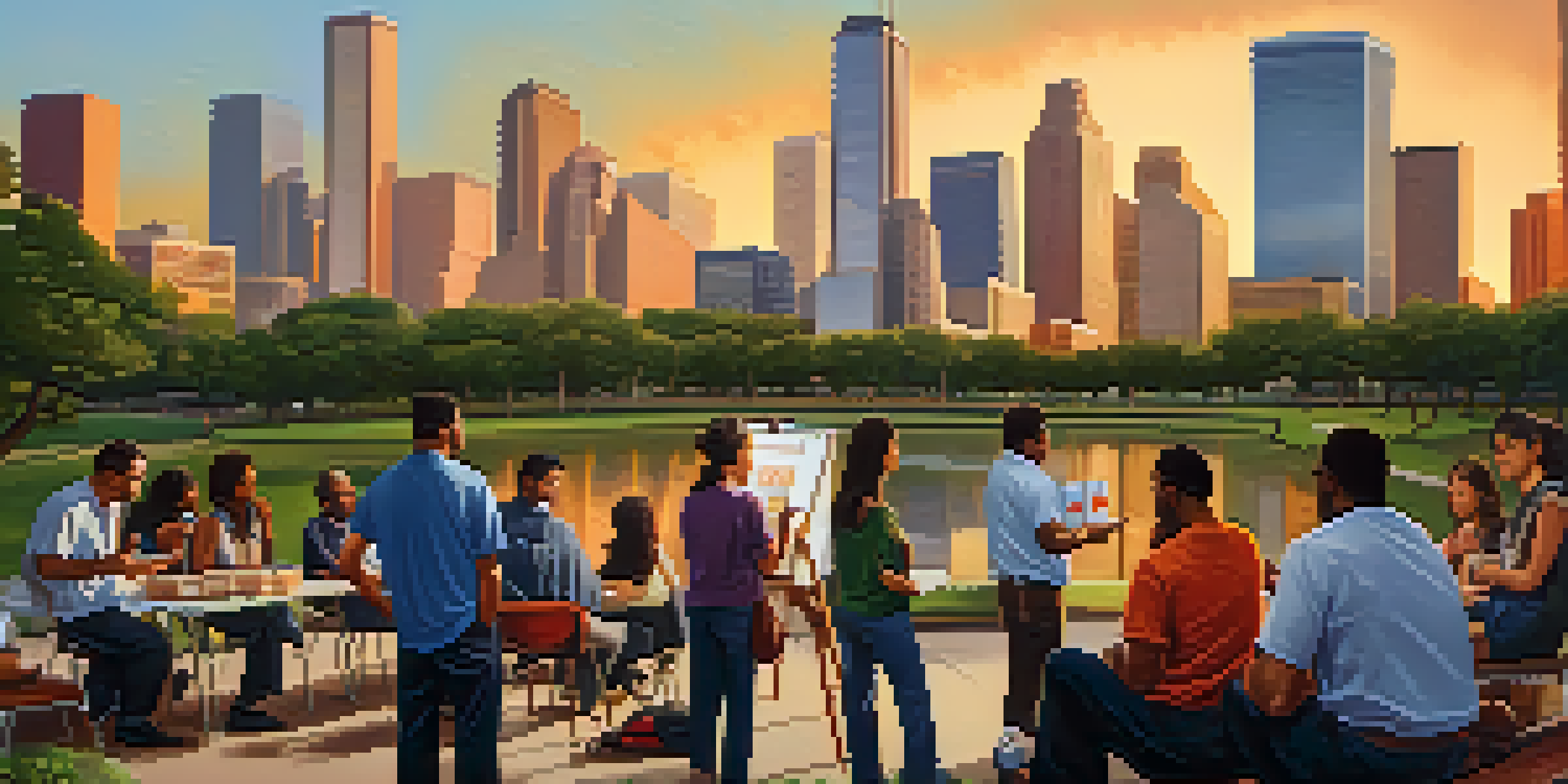 A vibrant Houston skyline at sunset with diverse residents participating in a community disaster preparedness workshop in a park.