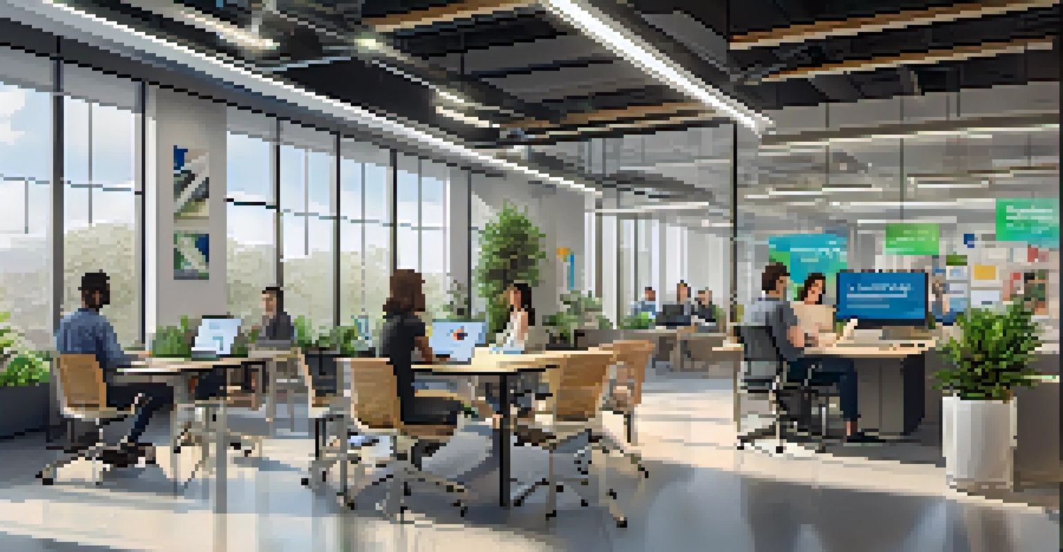 A modern collaborative workspace in a Houston tech startup with employees working together in a bright and innovative environment.