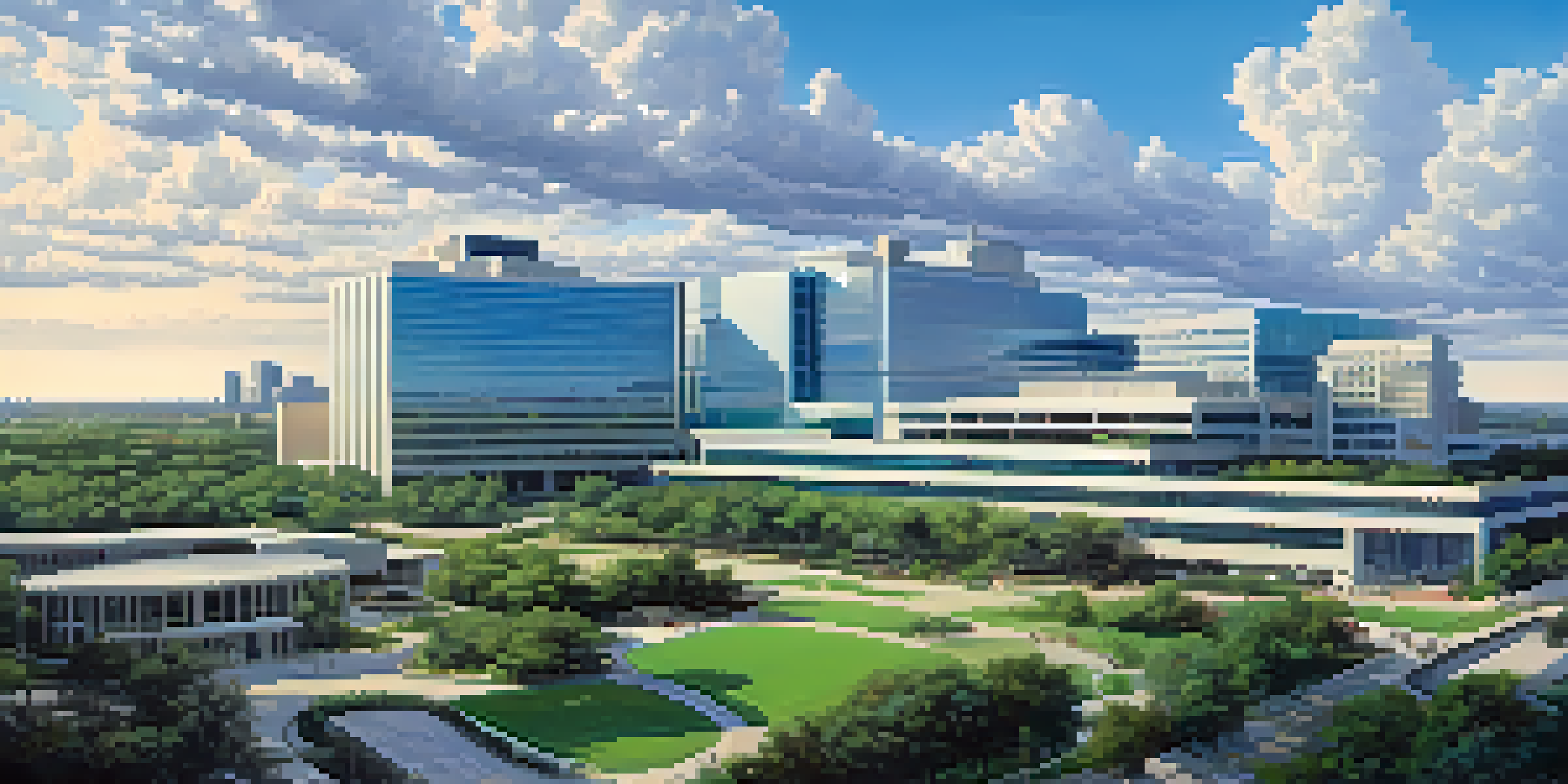 A wide-angle view of the Texas Medical Center in Houston, featuring modern architecture and greenery under a bright blue sky.