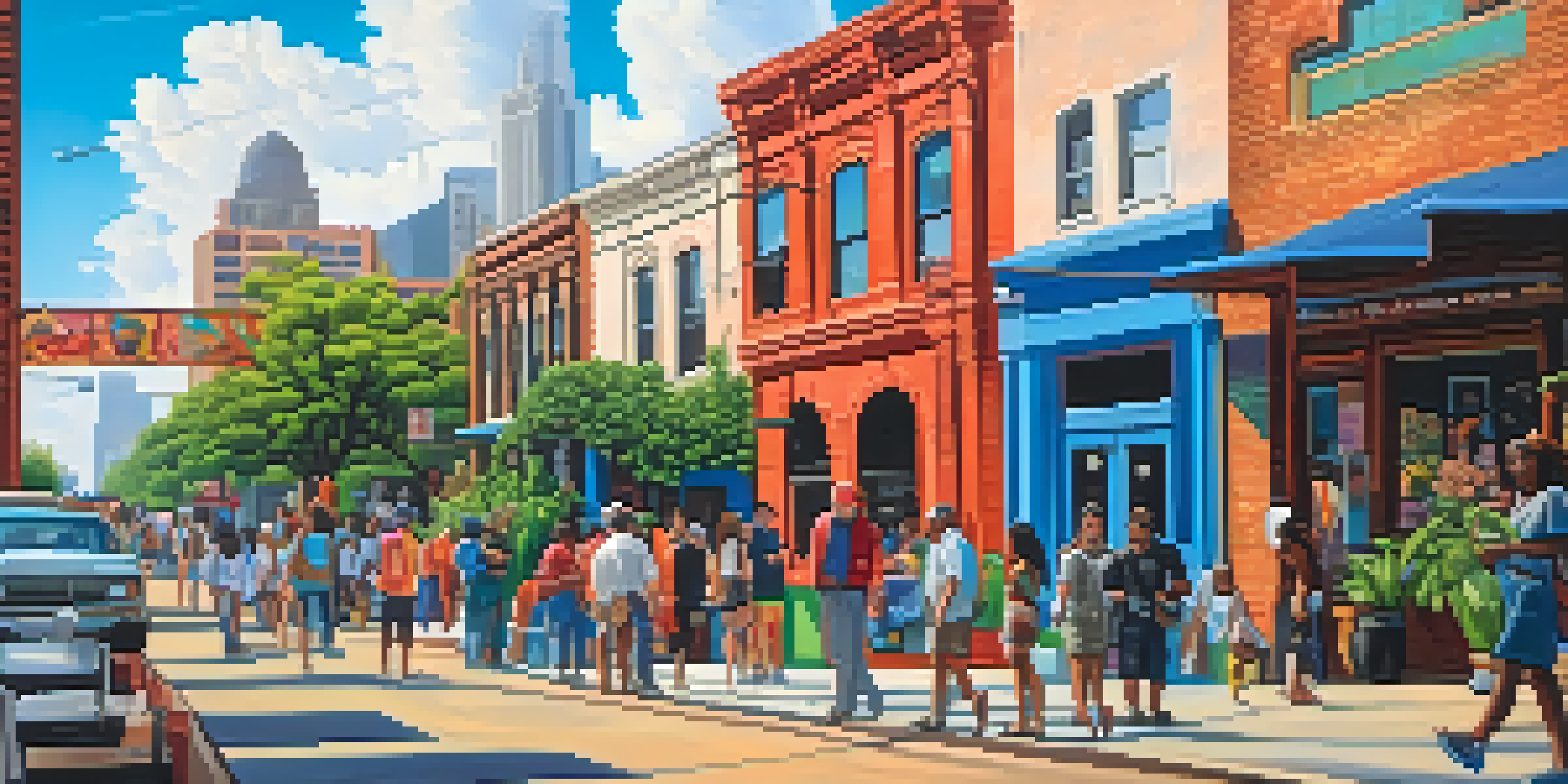 A lively street in Houston's Arts District with colorful murals, artists interacting with people, and the Houston skyline in the background.
