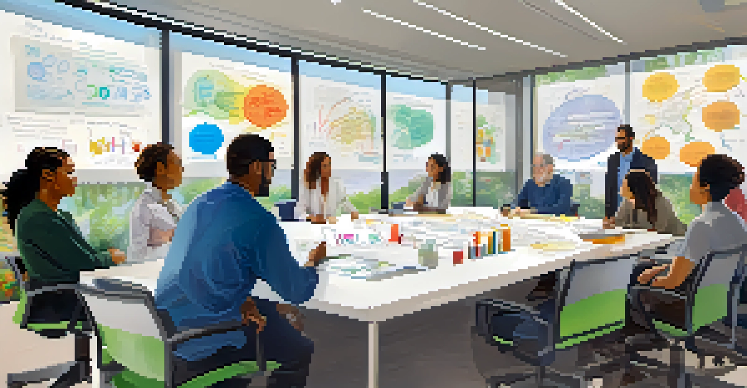 A diverse group of researchers in a conference room, engaged in discussion with diagrams on a whiteboard.