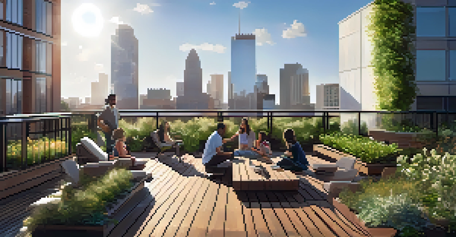 A peaceful rooftop garden in Houston with various plants and seating areas, overlooking the city skyline and bathed in sunlight.