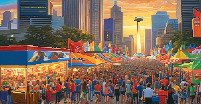 A festive street in Houston during the Super Bowl, with fans in jerseys, colorful banners, and a sunset backdrop.