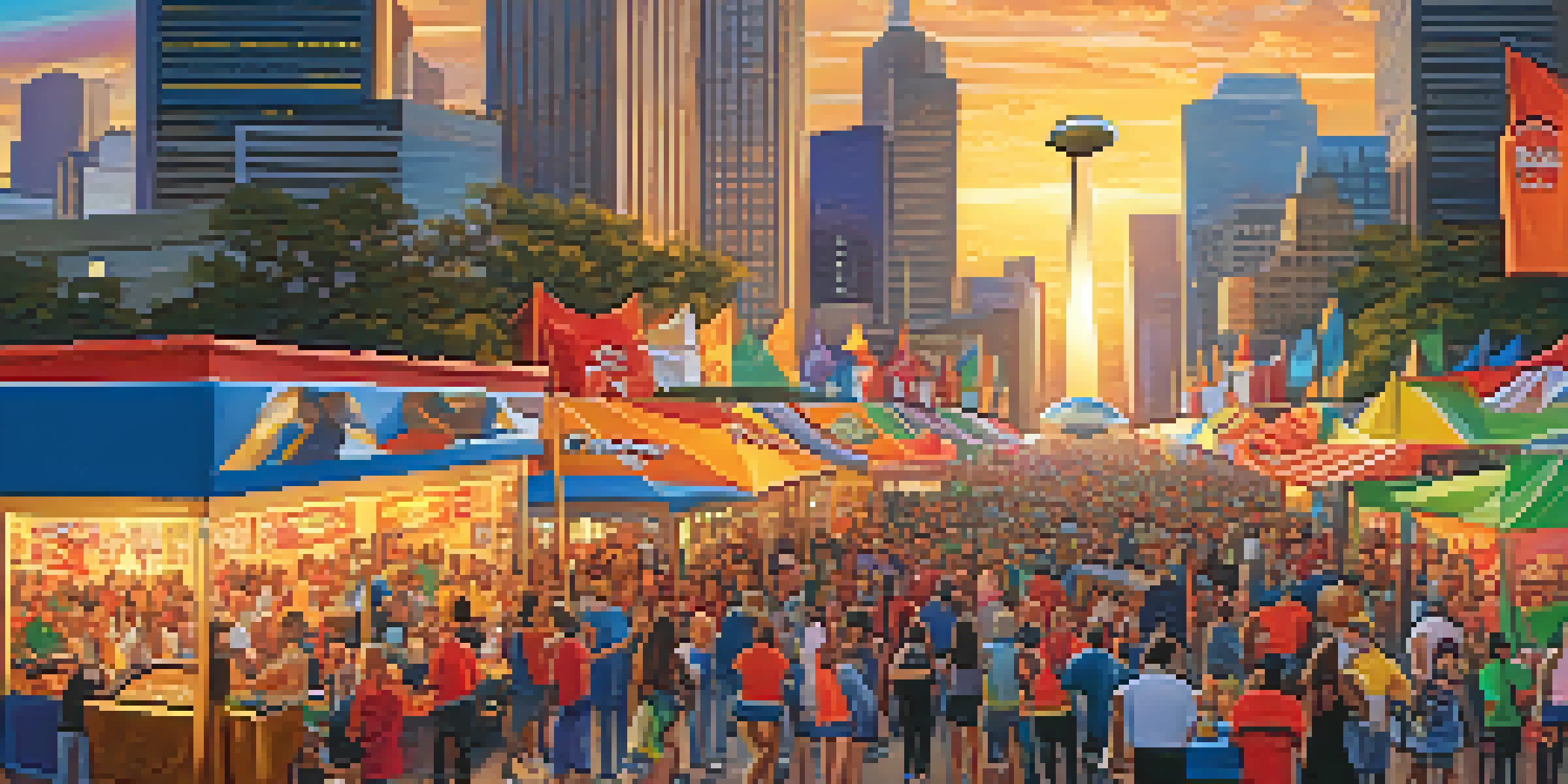 A festive street in Houston during the Super Bowl, with fans in jerseys, colorful banners, and a sunset backdrop.