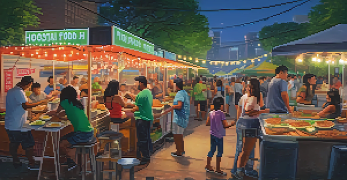 A lively street food market in Houston with diverse people enjoying food under twinkling lights, featuring stalls selling tacos and pho.