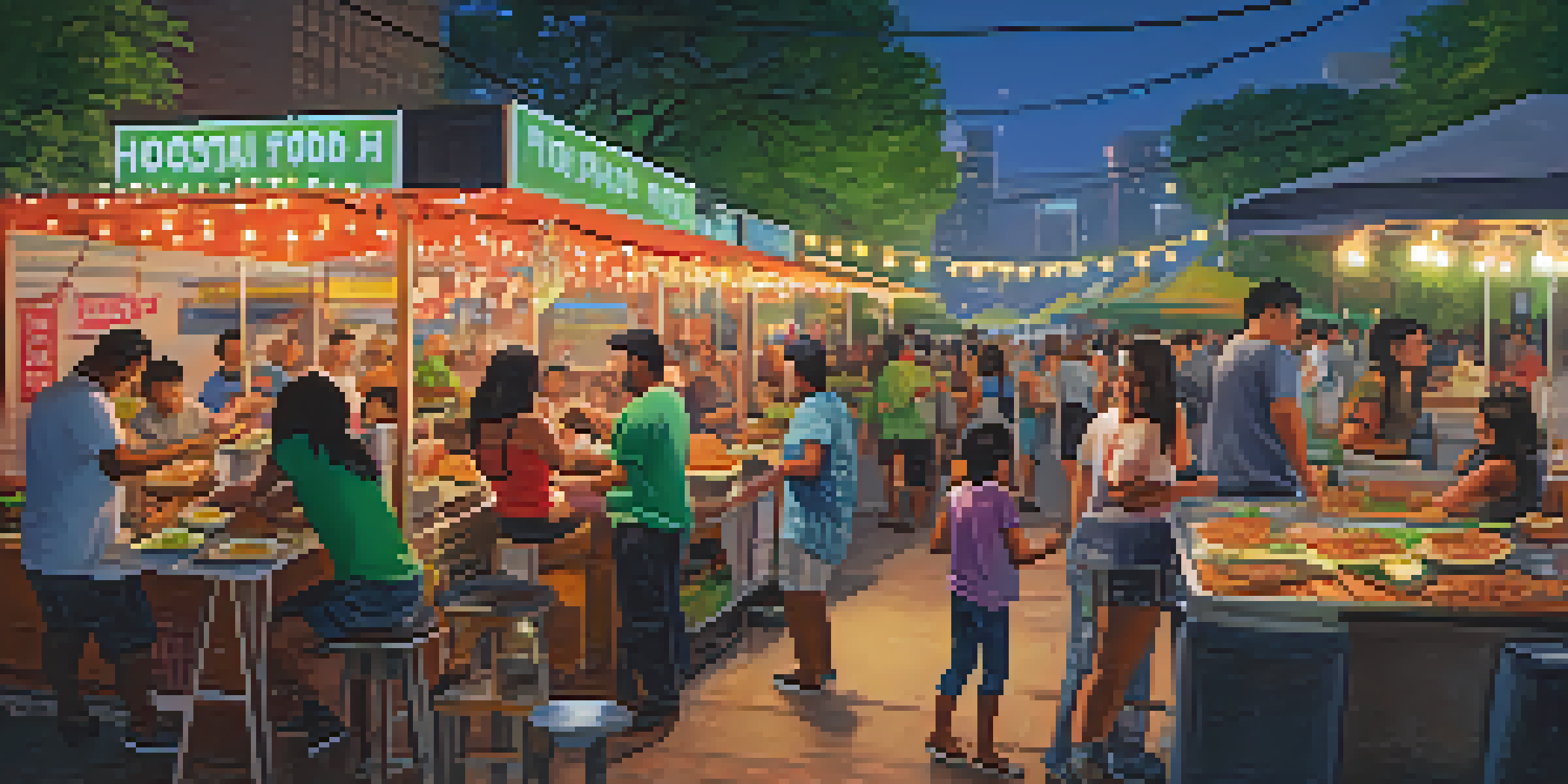 A lively street food market in Houston with diverse people enjoying food under twinkling lights, featuring stalls selling tacos and pho.