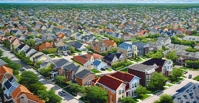 Aerial view of a busy Houston neighborhood with a mix of homes and apartments under a clear blue sky.
