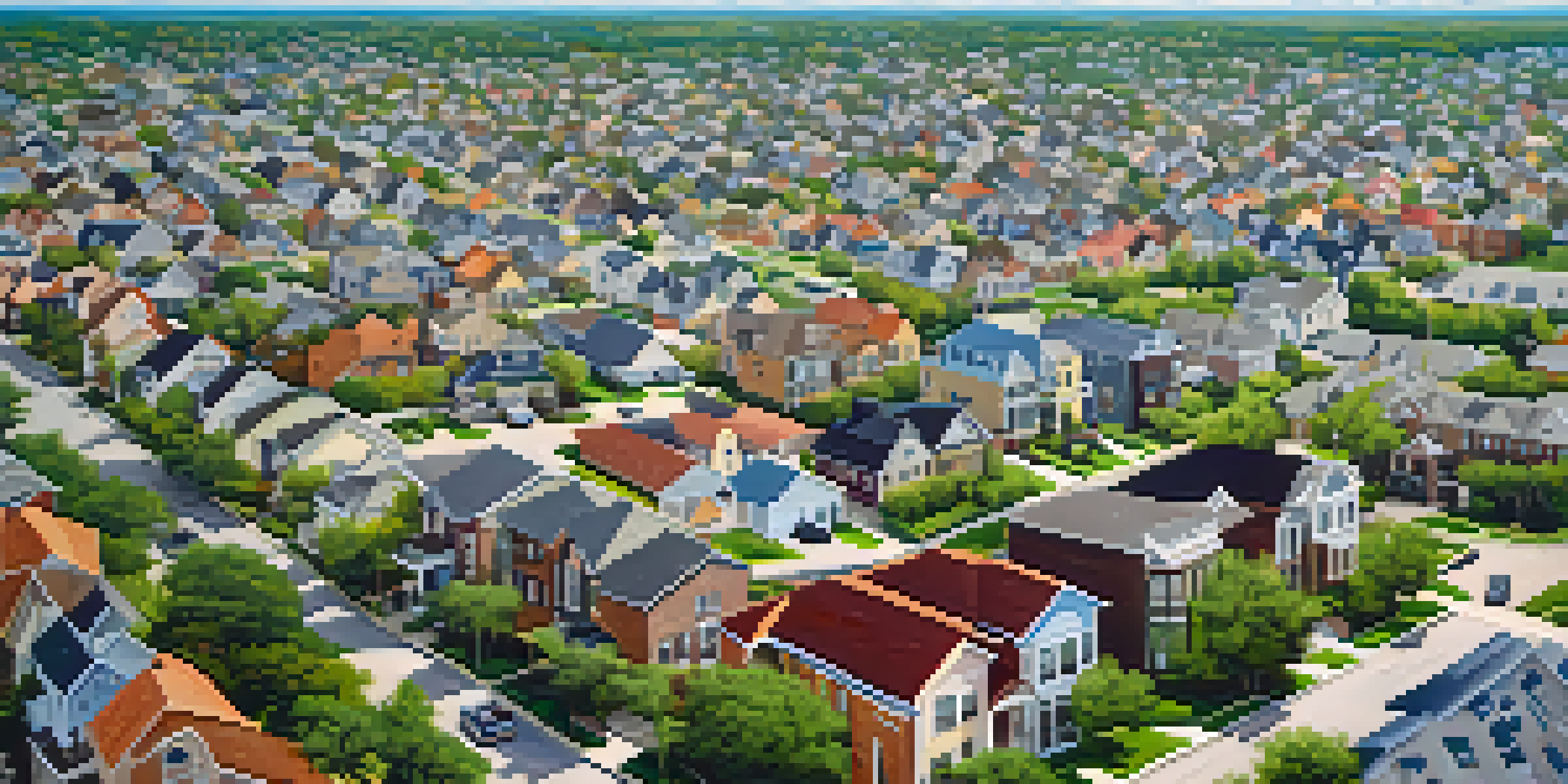 Aerial view of a busy Houston neighborhood with a mix of homes and apartments under a clear blue sky.