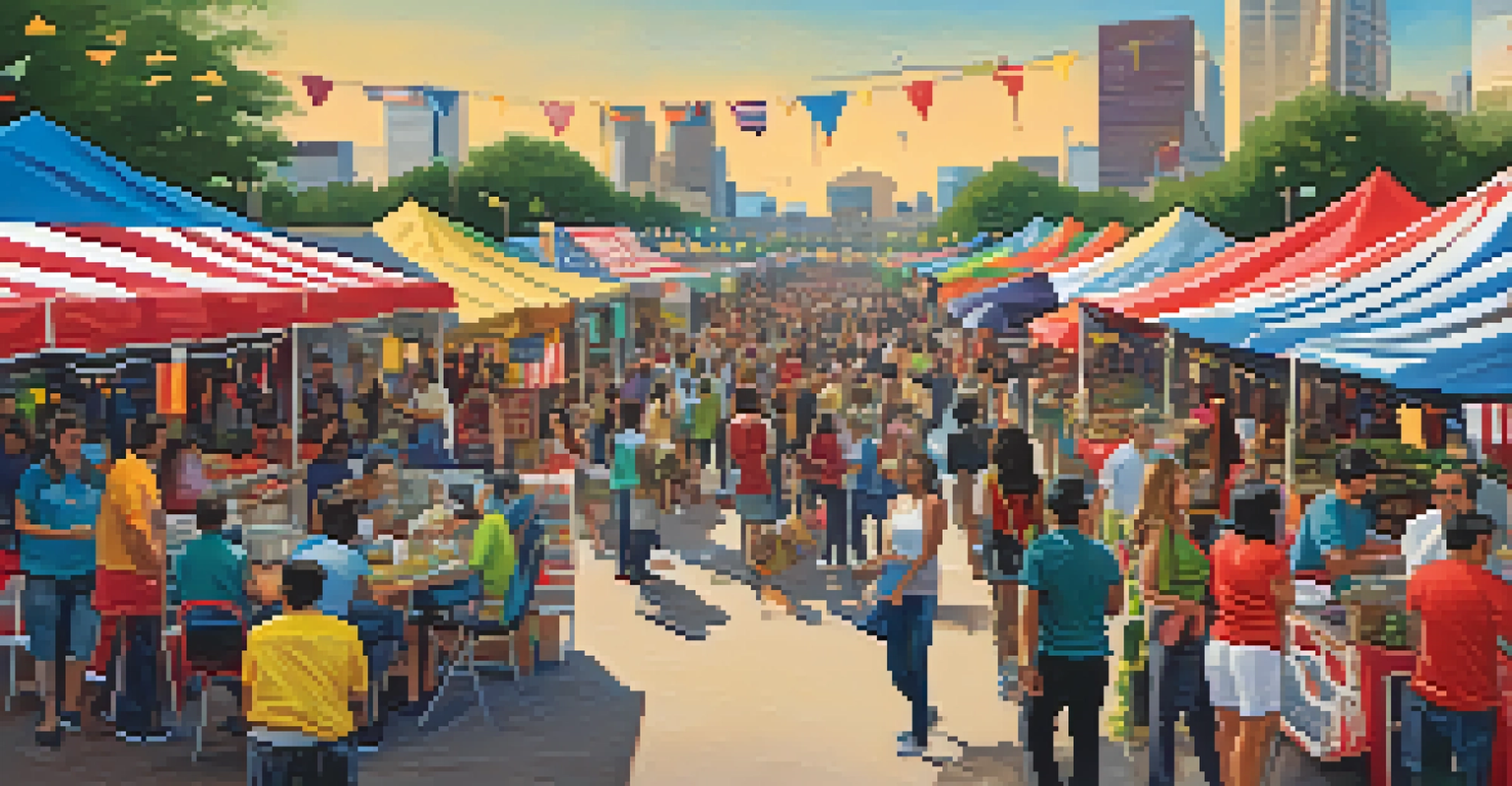 A vibrant food festival in Houston with diverse crowds enjoying food from various cultures, surrounded by colorful booths and live music.