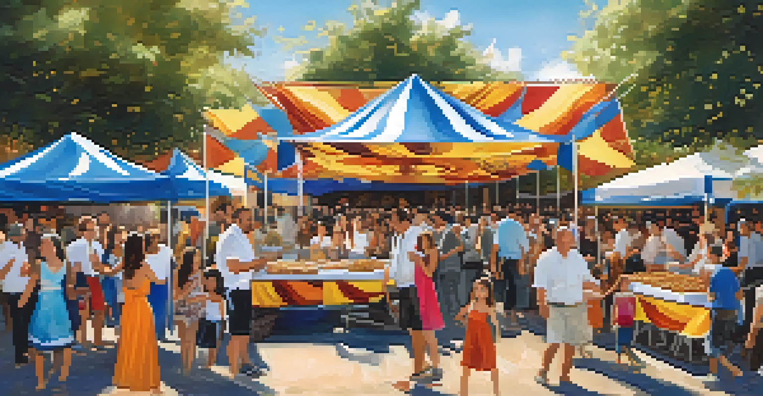 Families enjoying traditional Greek food at the Houston Greek Festival, with vibrant decorations and dancers in traditional attire.