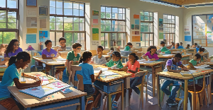 A diverse group of students collaborating on a STEM project in a bright classroom filled with educational materials.