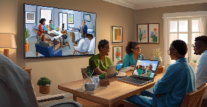 A cozy home setting where diverse patients are having telehealth consultations via video calls with healthcare providers.