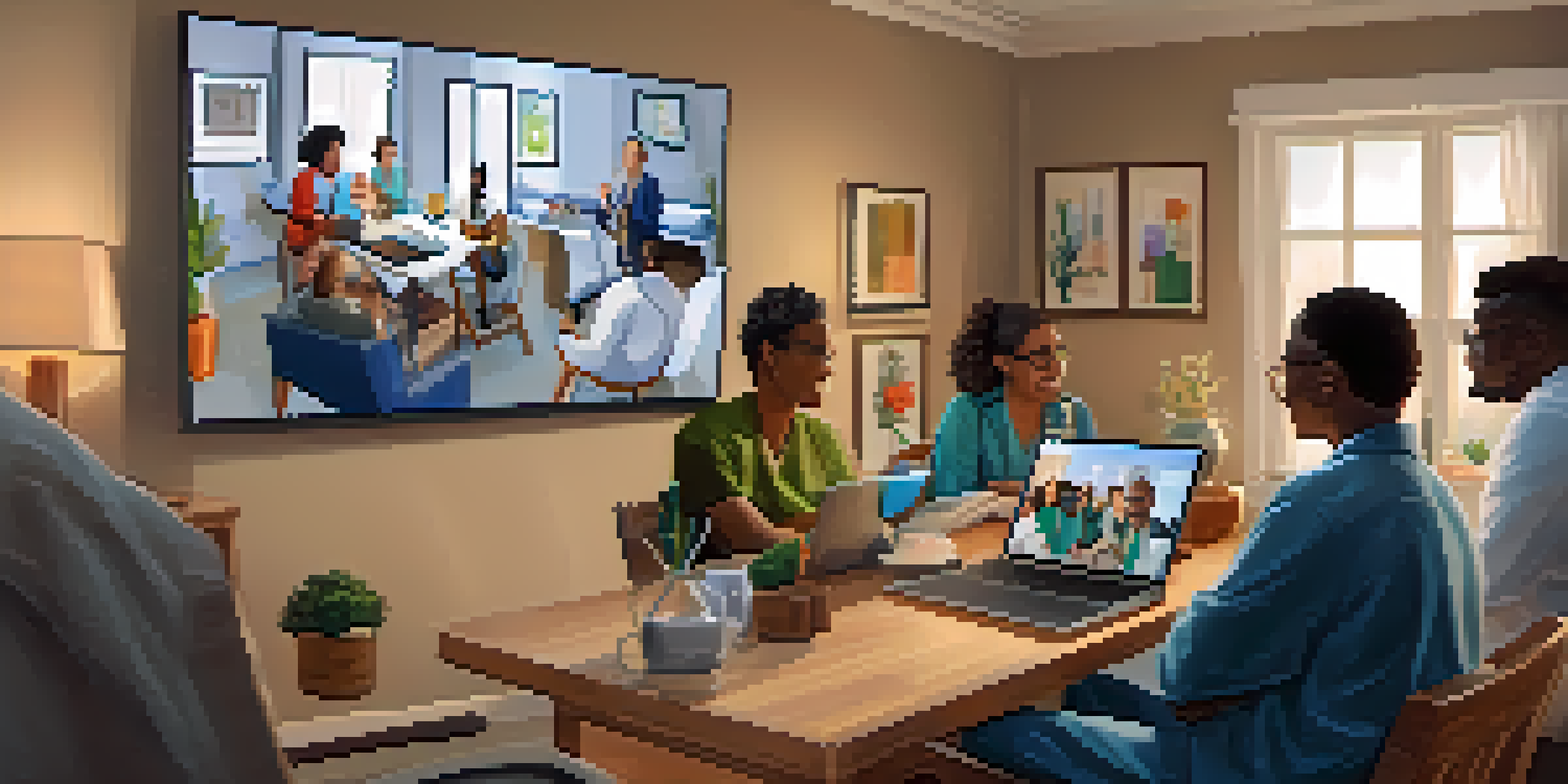 A cozy home setting where diverse patients are having telehealth consultations via video calls with healthcare providers.