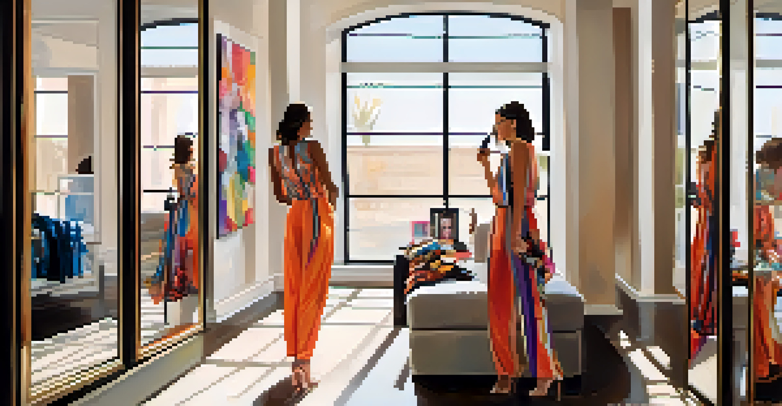 A fashion attendee adjusting her trendy jumpsuit in a chic dressing room filled with fashion magazines and textiles before Houston Fashion Week.
