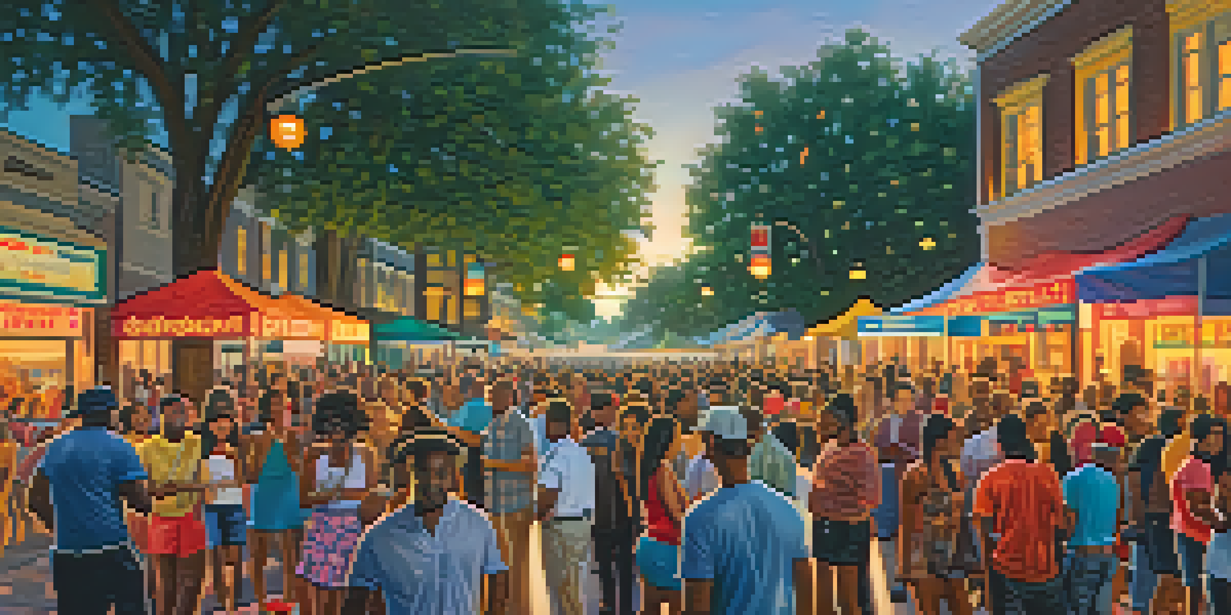 A lively outdoor music festival in Houston's Third Ward with diverse crowds enjoying jazz and hip-hop music under colorful banners.