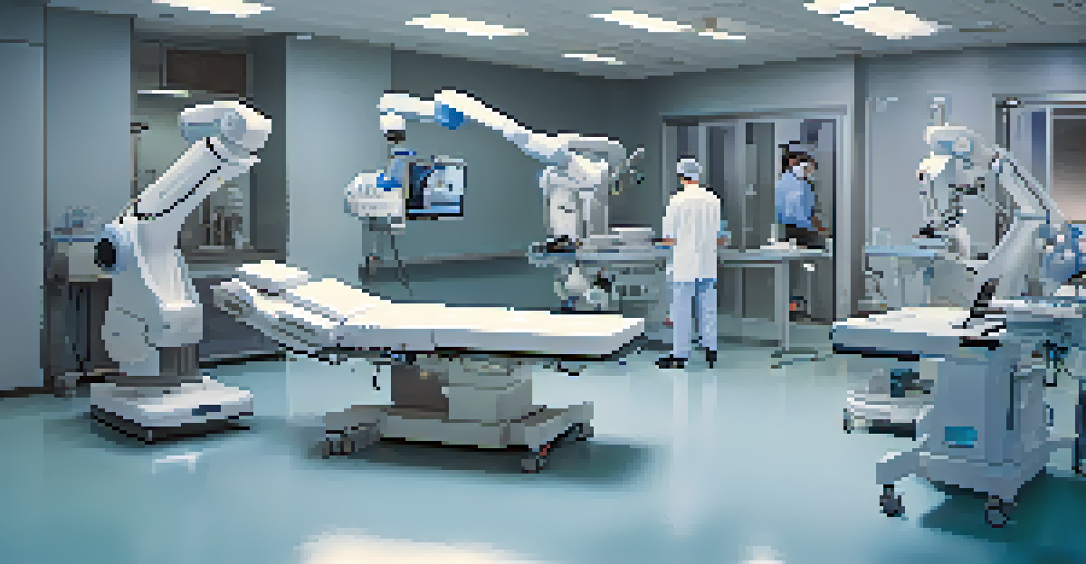 Medical students practicing robotic surgery simulation in a training room, with advanced technology and focused expressions.