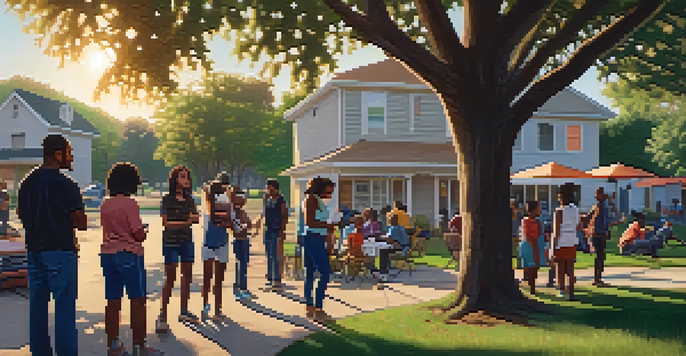 A diverse group of neighbors gathering in a park to support each other after a natural disaster, with warm lighting and expressions of solidarity.