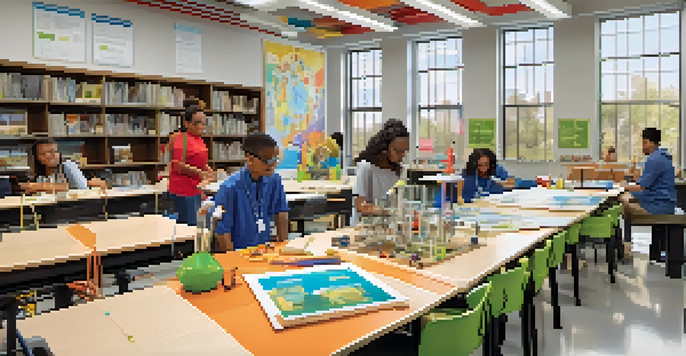 A diverse group of students working together on a robotics project in a bright, well-lit classroom.
